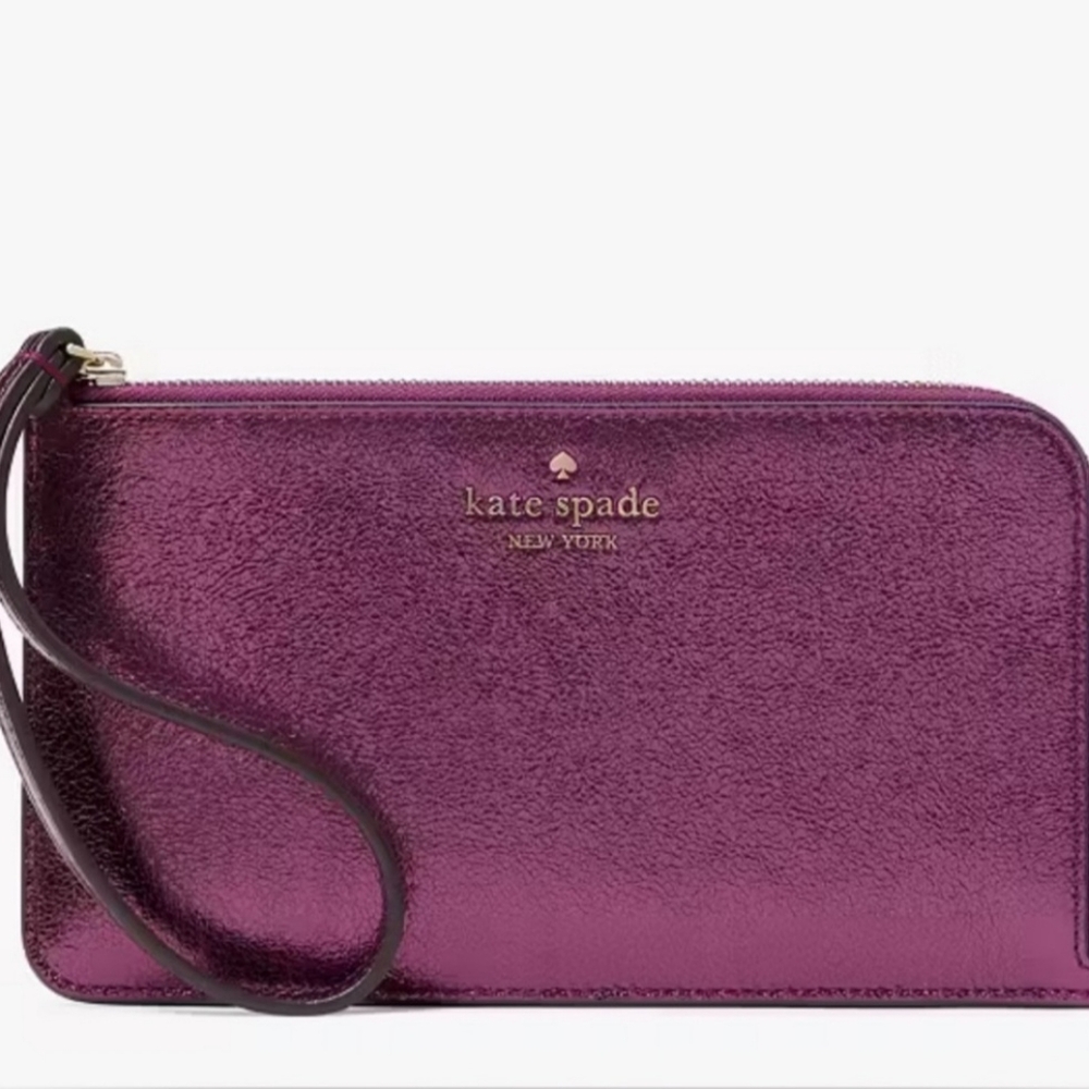 Kate Spade Lucy Metallic Medium L-zip Wristlet Dark Raspberry, back slip pocket - Picture 2 of 6